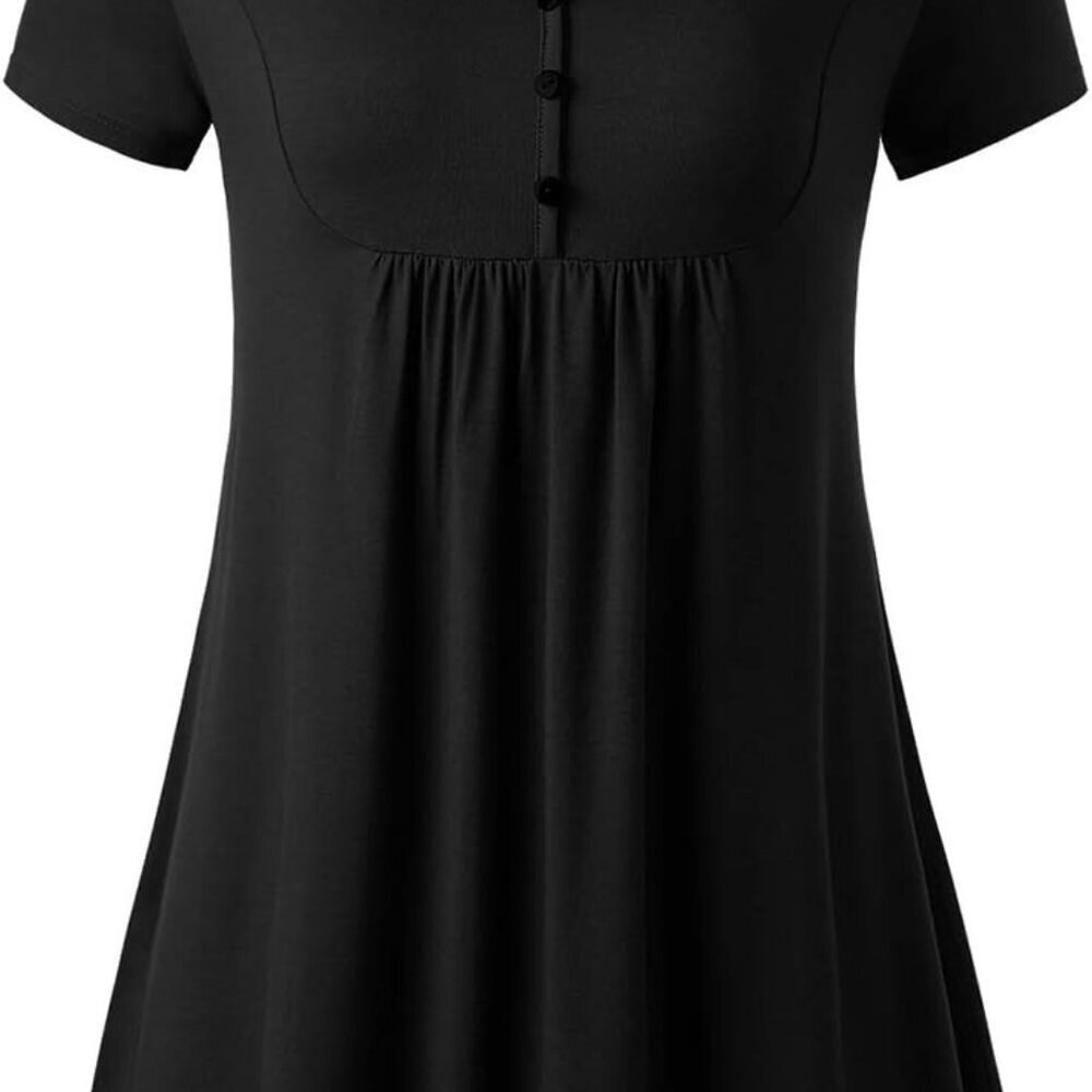 Women's Summer Empire Waist V Neck Tunic Top in Solid Black